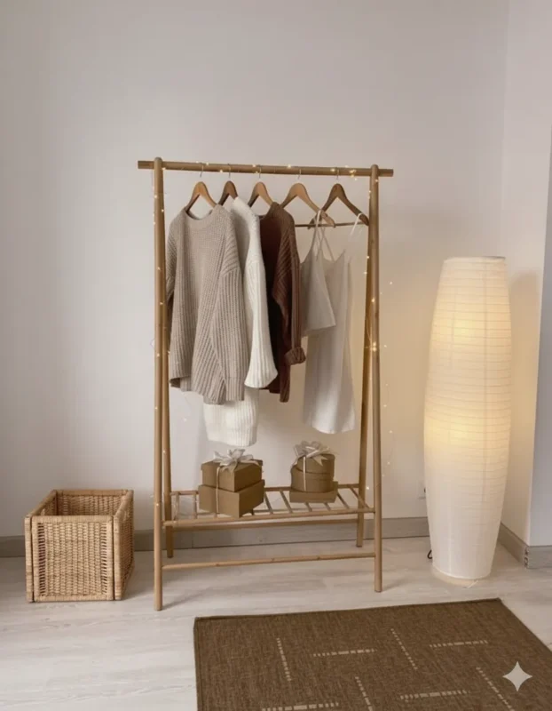 Orienta is a contemporary wooden clothes hanger by Living, made from light natural wood. Includes a hanging area and a lower storage shelf. dimensions: 160 cm (H) × 100 cm (W) × 45 cm (D). Ideal for bedrooms, dressing rooms, or entryways, adding a natural and elegant touch to the décor.