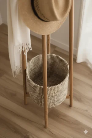Marvella – Wooden Clothes Hanger with Decorative Woven Base