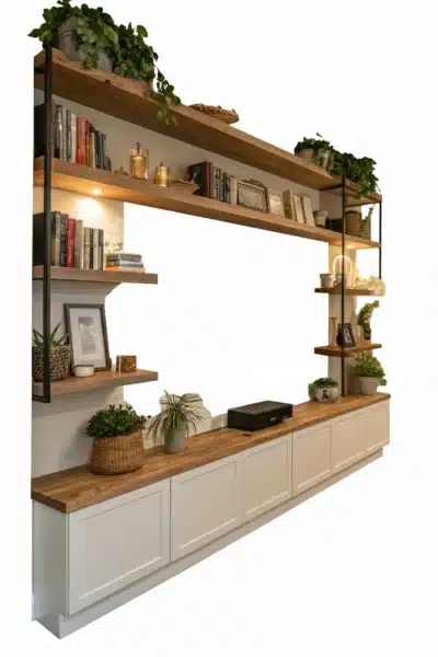 دوفيل وحدة تلفزيون أنيقة بلون أبيض وخشبي فاتح