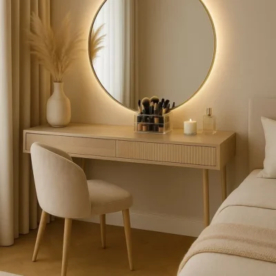 تسريحة لوريمانا تجمع بين البساطة العصرية والأناقة الراقية، بتصميم هندسي انسيابي وإضاءة خلفية LED دافئة تضيف أجواء هادئة ومريحة عند الاستخدام. مصنوعة من خشب طبيعي عالي الجودة وتشطيبات ناعمة تمنحها مظهرًا فاخرًا يتناغم مع مختلف أنماط الديكور الحديث. مزودة بدرج بتفاصيل خطوط طولية لإضفاء لمسة جمالية، ومساحة سطح رحبة لتنسيق الإكسسوارات وأدوات التجميل بسهولة. الكرسي مريح بظهر منحني وقاعدة ناعمة لراحة أثناء الجلوس. الخيار الأمثل لعشاق التفاصيل الراقية واللمسة المينيمالية الدافئة. تتناسب تمامًا مع غرف النوم المودرن، وتضيف لمسة جمالية تمنح المكان إحساسًا بالهدوء والفخامة.