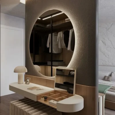 ڤينتــورا تسريحة فاخرة بتصميم عصري تشمل مرآة دائرية مع إضاءة محيطية ناعمة، سطح بعرض 130 سم × عمق 45 سم × ارتفاع 90 سم مع مقعد مبطن بطول 90 سم، تجمع بين العملية والفخامة لإضافة لمسة راقية لغرفة النوم.