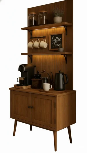 وودتايم ركن قهوة خشبي كلاسيك بإضاءة