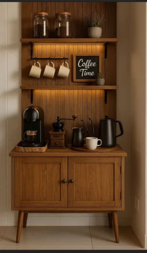 وودتايم ركن قهوة خشبي كلاسيك بإضاءة